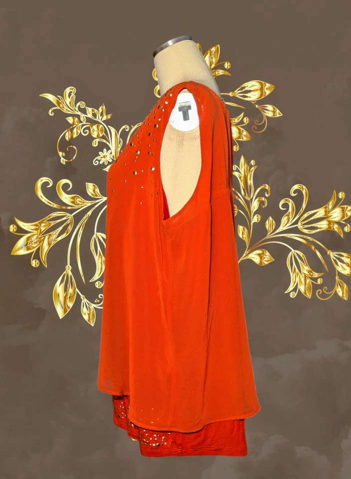 Blusa sin mangas DESIGN HISTORY naranja con cuentas en capas CHIFFON Plus 1X para mujer Foto 2 de 4