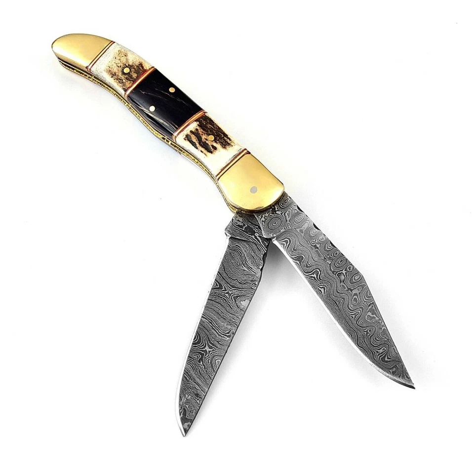 Double Blade Guild Stag Damascus Steel Pocket Knife | Buffalo Horn Insert+Sheath - Image 4 of 4