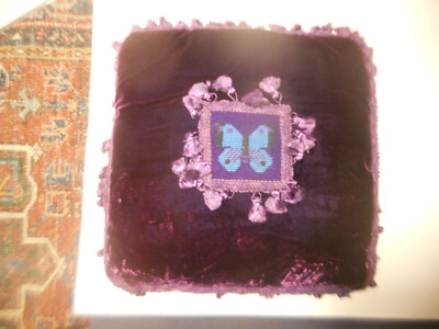 Vintage 1970s 1980s PURPLE Pillow Cushion w Frills trim NEEDLEWORK Butterfly