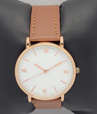 Ladies Classic Minimalistic Rose Gold Tone Brown Faux Leather Strap Watch L4