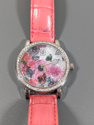 Victoria Wieck Crystal Pave Floral Round Dial Pink Leather Band Watch - Picture 4 of 15