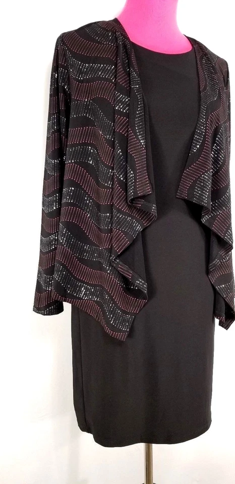 R & K Womens 2 pc Dress Size P2 Black Sleeveless w/ Glitter Asymmetrical Jacket - Image 2 of 4