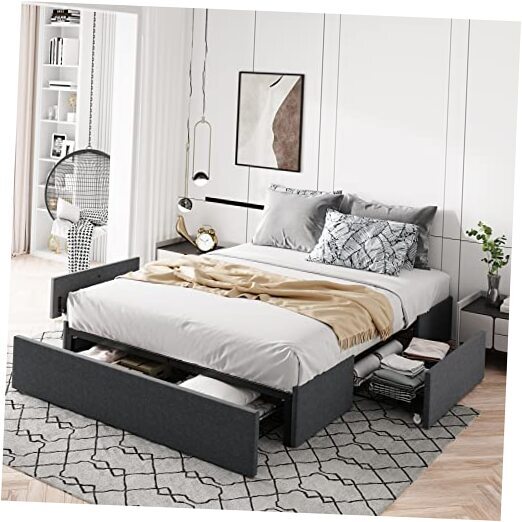 Size Platform Bed Frame with 3 Storage Drawers, Fabric Queen Grey Fabric
