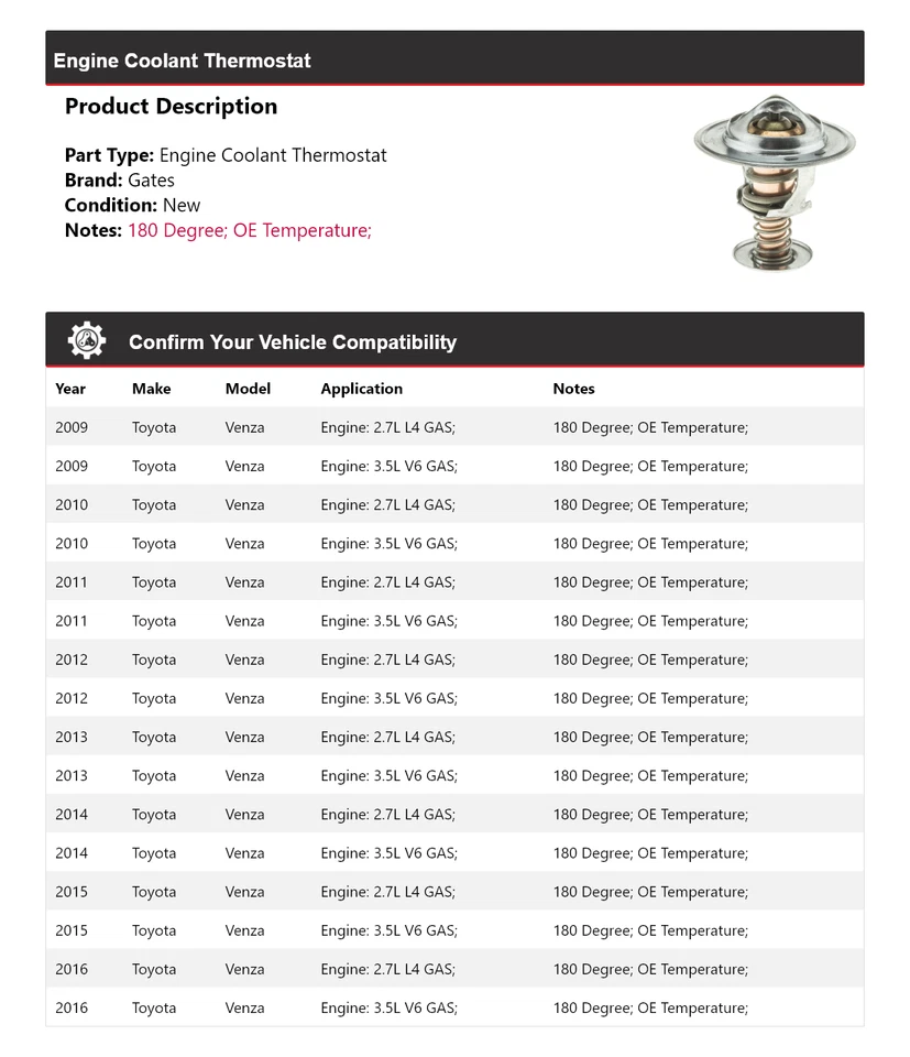 For 2009-2016 Toyota Venza Engine Coolant Thermostat Gates 2010 2011 2012 2013 - Image 2 of 4