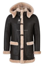 Men's Leather Sheepskin Duffle Coat Brown Beige Fur Hooded 100% Shearling Ivar