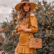 NWT Zara Yellow Zara Linen Blend Off Shoulder Mini Dress 2157/058