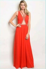 Red Solid Color Plunging Maxi Dress