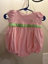 Ralph Lauren Girls Pink Gingham Cotton Romper One-Piece 3mos Green Bow Logo