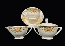 5 Art Deco Tea Cup & Saucer + Cream & Sugar Bowl  Edwin M Knowles, Antique, USA