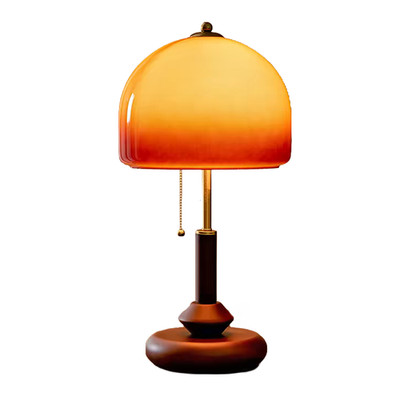 Vintage Sunset Glass Table Lamp, Hand-Blown Shade, Walnut Base, Warm Glow