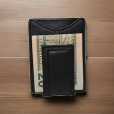 Black Pure Leather Money Clip Front Pocket Magnetic Window ID Card Wallet