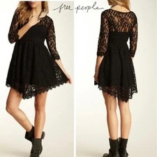 Free People Dress Women’s 2 Black Lace Mini Skater Illusion Neck Long Sleeve