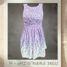 Talbots White & Purple Botanical Pleated Fit & Flare Dress
