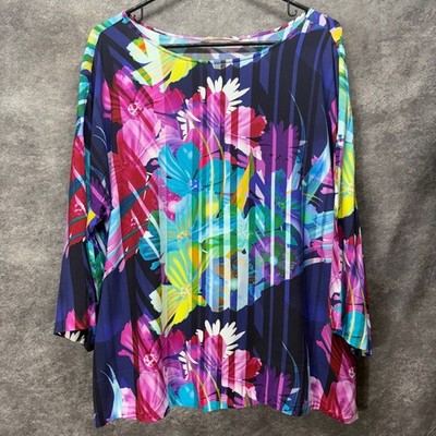 Soft Surroundings Mignon Top Womens L Vibrant Bold Tropical Floral Striped Artsy