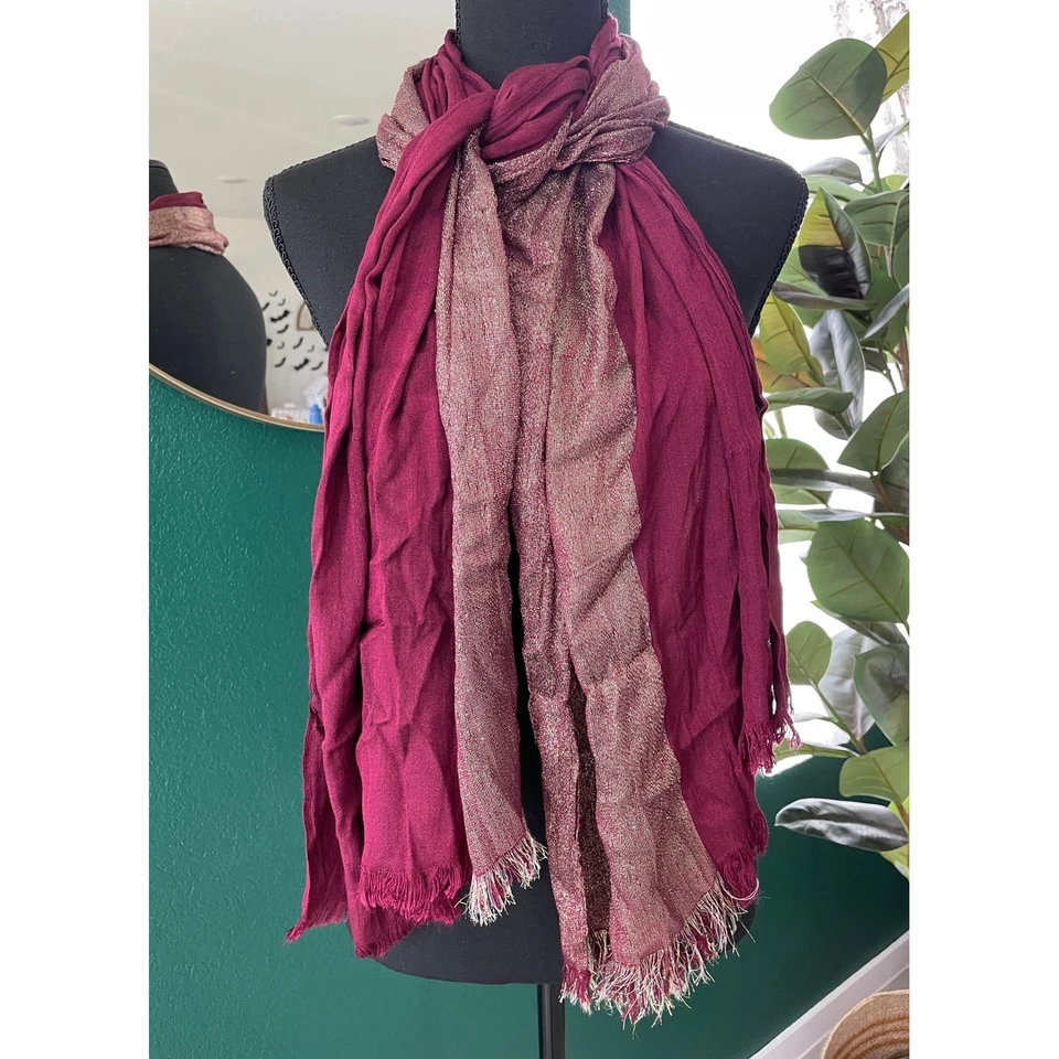 Fringe Burgundy Metallic Shawl Scarf Wrap Boho Romantic Holiday Winter Cozy - Image 3 of 4
