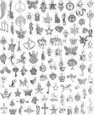 100 PCs Silver Charms for Jewelry Making Mixed Lot Pendants Bracelet Necklac.