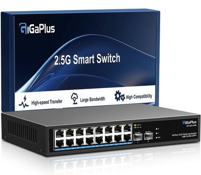 Gigaplus 18 Port 2.5Gb Unmanaged Ethernet Switch 16 2.5G Base-T Ports 2 10G SFP