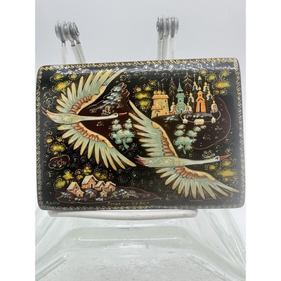 Russian Lacquer Box   Russian North  Kholuy Hand Painted Cranes And Village