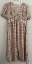 Farrow Plaid Midi Dress Size M Beige Button Front V Neck Puff Sleeve Ruffle
