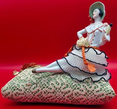 German Porcelain Half Doll Figurine with Legs Lovely Ruffled Dress on Pillow VID