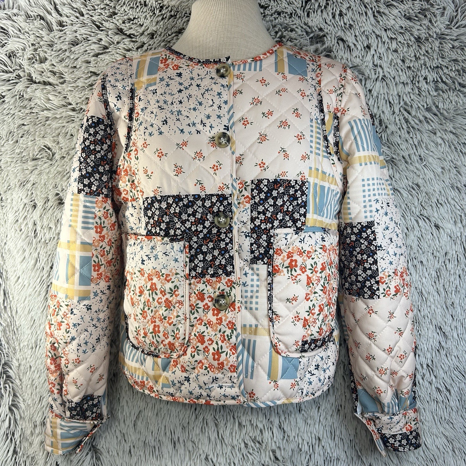 Quilted Patchwork Jacket Medium Floral Print Boho… - image 1