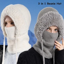 Women's Outdoors Windproof Scarf Hat, 3 in 1 Beanie Hat Winter Knitted