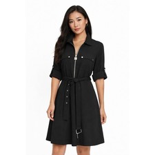 MICHAEL KORS Black Utility Zip Front Belted Shirt Dress XL Preppy Career 101-44