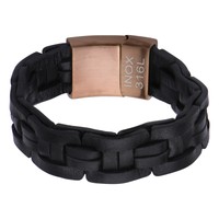 Inox Men's Black Woven Leather And Stainless Steel Bracelet Contemporary Styling Inox Men's Black Woven Leather And Stainless Steel Bracelet Contemporary Styling