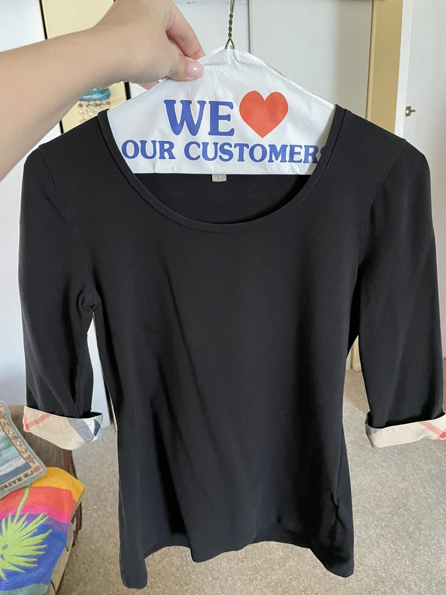 Burberry Brit Womens 3/4 Sleeve Nova Check Jersey Shirt T-shirts Black sz Small