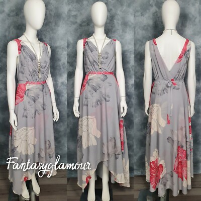 RJR JOHN ROCHA Grey Floral Belted Fit & Flowy Long Dress Size 10 Occasion Party