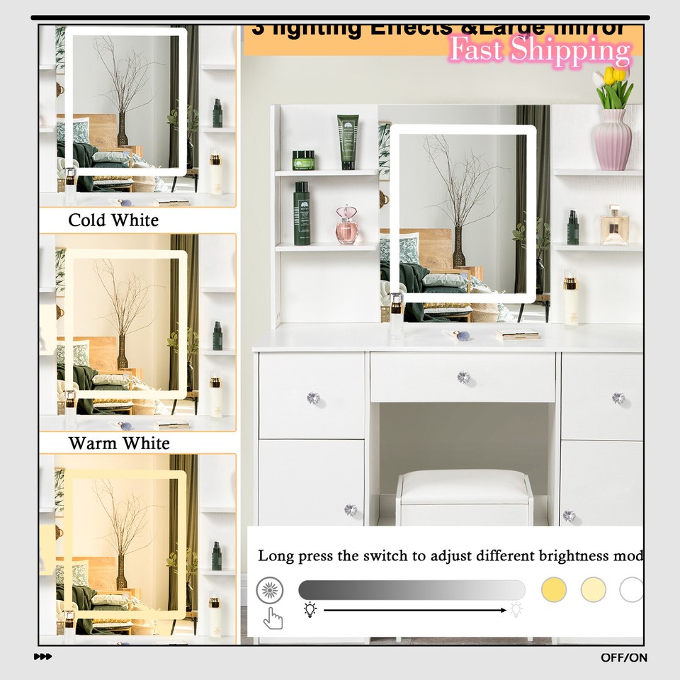 White Dresser Table Vanity Set With Stool & 5Drawer Makeup Desk with