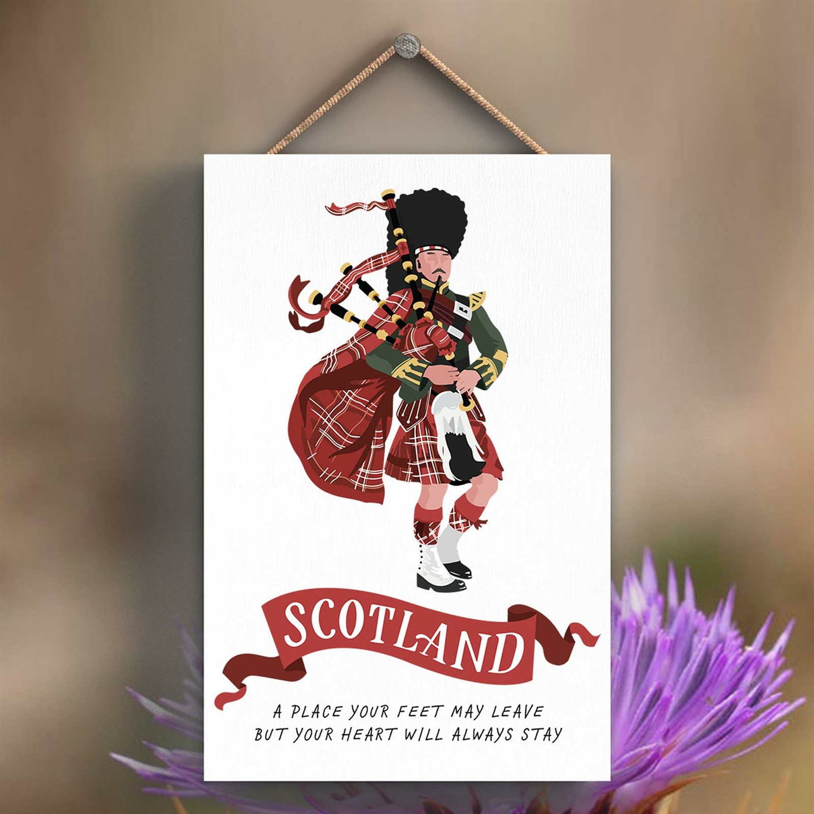 SCOTTISH BAGPIPE PLAYER ON SCOTLAND THEME WOODEN HANGING PLAQUE