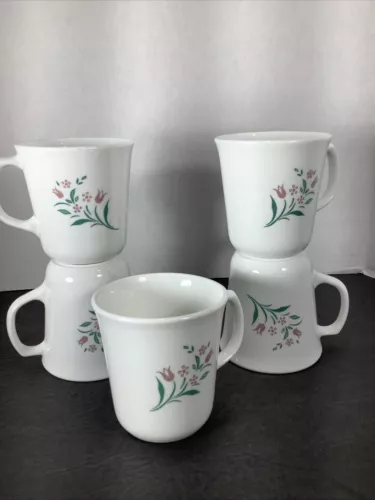Set Of 5~Corning “ Rose Marie” D Handle Coffee/Tea Mugs~8oz