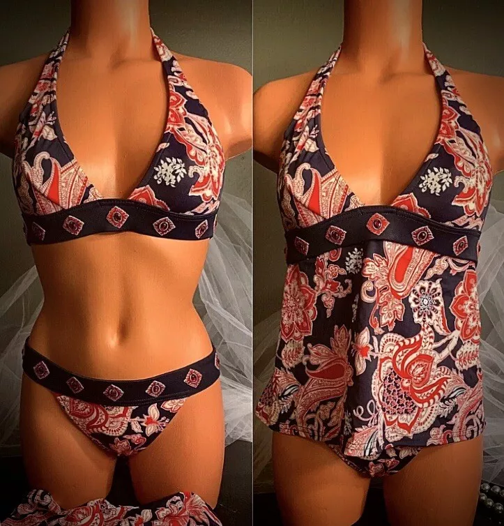 Venus Paisley Swimsuit A Tankini Hook Cover Ruby Jewel Bling Bikini Set Lot  4 S