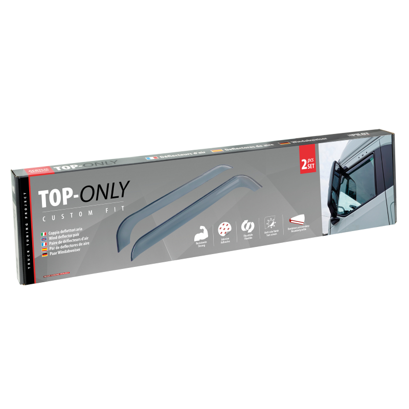 Set Deflettori Anteriori Per IVECO S-WAY 2020+ (Guida Sinistra) - Vetro Acrilico Grigio Fumo, Nastro 3M - Protezione Da Pioggia E Vento