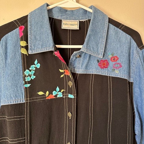 Vintage Napa Valley Shirt Womens LARGE Denim Floral Patchwork 1990 Cottage Boho - Picture 2 of 8