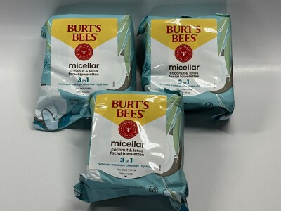 Lot of 3 - Burt's Bees Micellar Coconut & Lotus Facial Towelettes | 30 qty