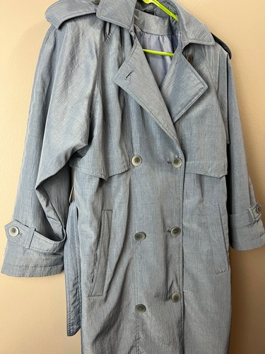 UTEX DESIGN Trench Coat Shoulder Pads Sz 10 Dusky Blue Lined Pockets Belt Vtg - Picture 2 of 11