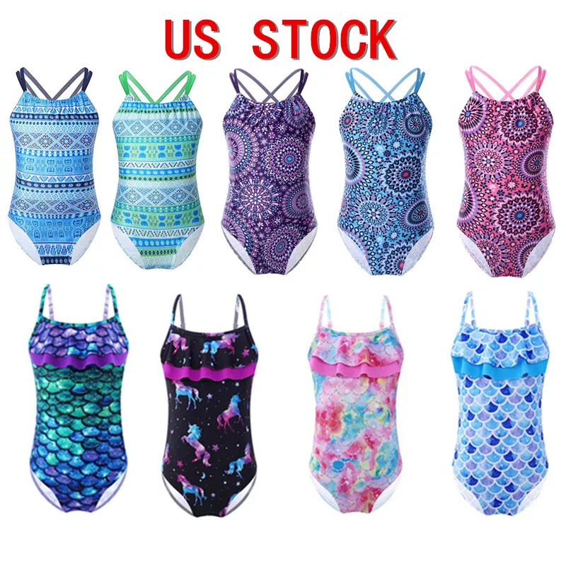 US Big Girls One Piece Swimsuit Ruffles Mermaid Bathing Suit
