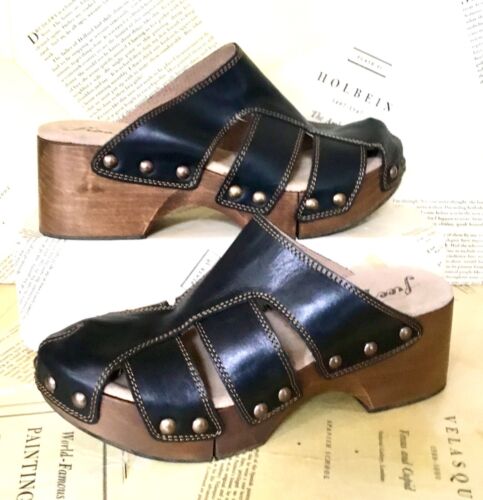 Free People Libra Fisherman Clog Wood Platform Black Leather Cut Out 40 / 10 NEW - Picture 2 of 7