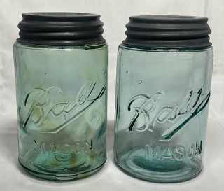 Two Nice Examples Aqua BALL MASON Pint Fruit Jars