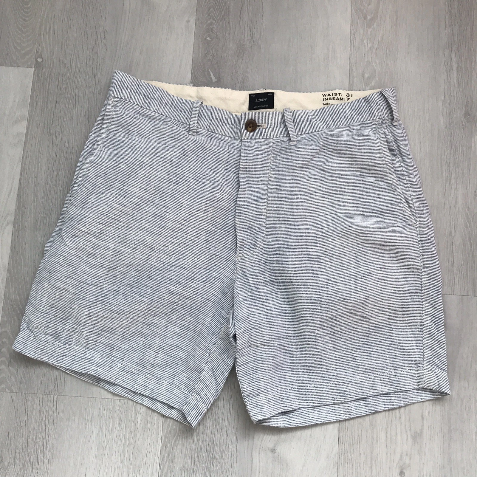 J Crew Linen Shorts Mens 31 Blue Stripe Flat Front Twill Chino Casual Preppy