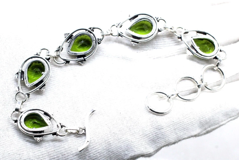 Brazalete de joyería de plata de ley 925 hecho a mano con piedras preciosas de peridoto verde talla 7-8" Foto 3 de 4