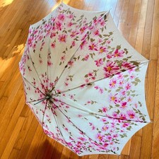 Vintage Floral Parasol Umbrella Pink Daisy Flower Print Red Handle AS IS