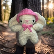 Handmade Bunny Crochet Plushie Stuffed Animal Toy with Removable Pink Hat  Bow