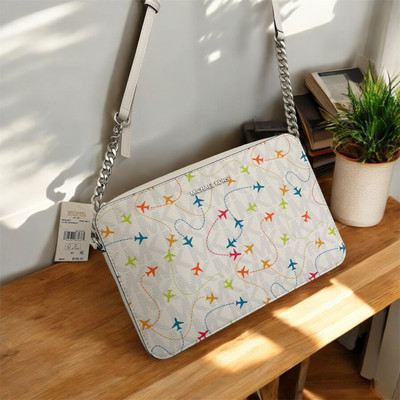 Michael Kors Jet Set WHITE Multi Airplane Print East West Crossbody Bag NWT