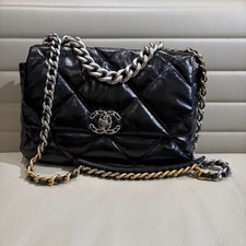 Chanel 19 Black Shiny Crinkled Lambskin Large Flap Mixed Gold Silver Hardware