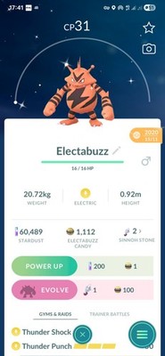Shiny Electabuzz ( Caught In 2020 ) ( Level 1 ) Pokemon Tr@de Go