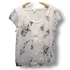 Lauren Conrad Floral Blouse Large White Micro Pleats Boho Cottagecore