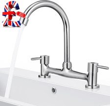 Bridge Kitchen Mixer Tap 2 Hole, Dual Lever Double Sink Taps, 360° Swivel Basin 